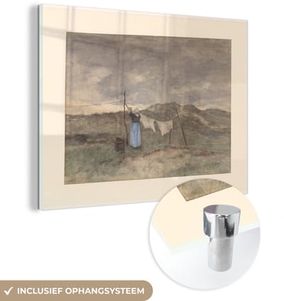 ® Glasschilderij 160x120 cm - Schilderij acrylglas - Vrouw bij een waslijn in de duinen - Schilderij van Anton Mauve - Foto op glas - Muurdecoratie woonkamer - Wanddecoratie slaapkamer - Schilderijen