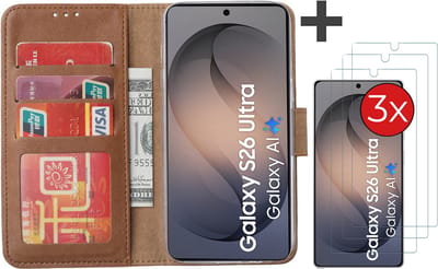 Hoesje met 3 Stuks Screenprotectors Geschikt voor Samsung Galaxy S26 Ultra – Arara bookcase met pasjeshouder - Bruin