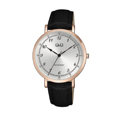 Q&Q QA20J114Y - Horloge - Analoog - Unisex - Leren band - Rond - Metaal - Cijfers - Zwart - Rosékleurig - Zilverkleurig - 3ATM