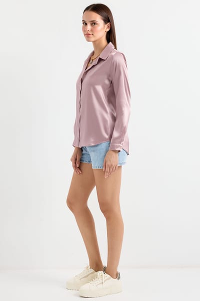 Satin Lange Mouw Knop-Up Shirt