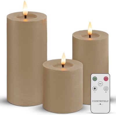 Countryfield LED Kaarsen Met Afstandsbediening - Echte Wax - Elektrische Kaarsen - Op Batterijen - Bewegende vlam - Dimbaar en Timer Functie - Set van 3 - Stompkaarsen - Taupe