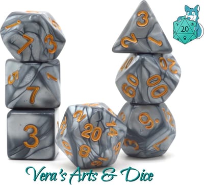 Polyset Dice | Dobbelstenen - Set Van 7 Stuks - Parelmoer Zilver Grijs en Goud | Polydice | Voor D&D en Andere Rollenspellen | Plastic Dobbelstenen Set voor Dungeons and Dragons | Polyhedral Dice Set | Zwarte Velvet Dice Bag voor Ongeveer 3 Sets