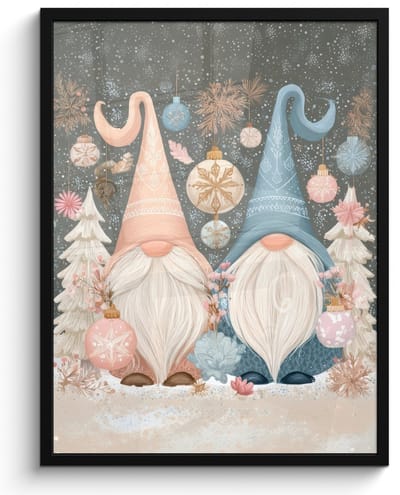 Poster in lijst - Fotolijst 60x80 cm - Posters - Kerst - Gnomen - Pastel - Posterlijst zwart - Decoratie - Wanddecoratie woonkamer - Muurdecoratie slaapkamer - Kerstversiering - Kerstdecoratie voor binnen - Kerstmis