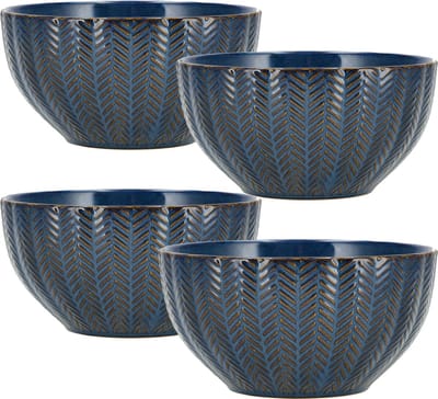 Ramen Kom Set van 4 – Ø14 cm Soepkommen - Aardewerk Kommen - Gebruikt als Schalen en Fruitschaal - Blauwe Serviesset