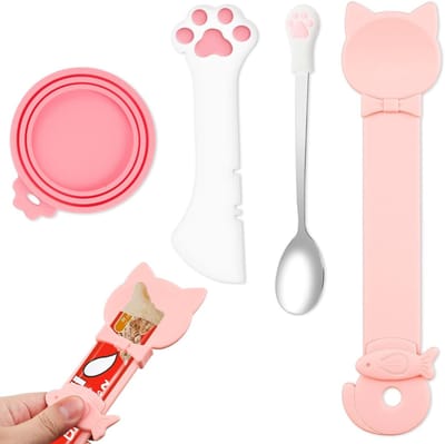 Multifunctionele Set voor Kattenvoer met Siliconen Deksel, RVS Lepel en Voerpincher voor Opslag en Voeding