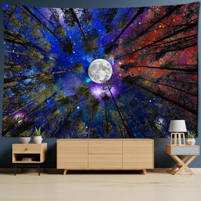 Maan Bos Wandtapijt Wandhanger Psychedelische Nachthemel Bomen en Sterren Stof Polyester Huisdecoratie Achtergrondstof 95x70cm