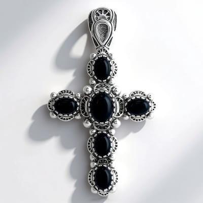 Cavill - Zilveren Hanger - 925 Sterling Zilver - Zwarte Agaat 4 725 ct Natuurlijke Edelsteen - Luxe Handgemaakt Elegant Kruis Sieraad