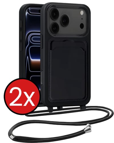 Hoesje Geschikt voor iPhone 17 Pro Max / 18 Pro Max Hoesje Met Telefoonkoord en Pasjeshouder Siliconen - Hoes Geschikt voor iPhone 17 Pro Max / 18 Pro Max Hoesje Met Kaarthouder Case - Zwart - 2 PACK
