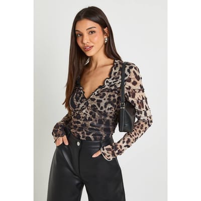 boohoo Dames Dierenprint Mesh Geraffineerde Halslijn Lange Mouwen Bodysuit | Maat: 34