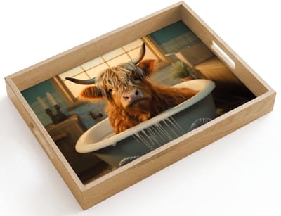Dienblad hout 40x30 cm - Schootdienblad - Schotse hooglander - Bad - Badkamer - Borrelplank rechthoek - Plateau dienbladen