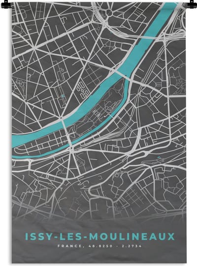 Wandkleed - Wanddoek - Issy-les-Mouineaux - Frankrijk - Stadskaart - Plattegrond - Kaart - 120x180 cm - Wandtapijt
