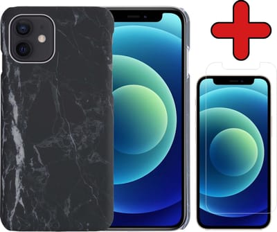 Hoesje Geschikt voor iPhone 12 Hoesje Marmer Hardcover Fashion Case Hoes Met Screenprotector - Hoes Geschikt voor iPhone 12 Marmer Hoesje Hardcase Back Cover - Zwart
