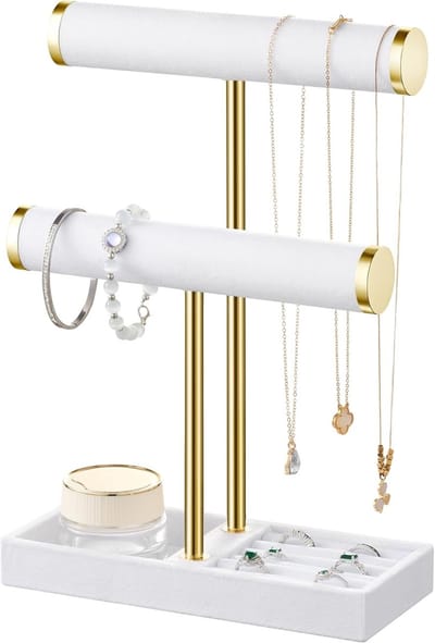 2-Tier Armbandhouder met Afneembare T-Bar - Witte Fluwelen Organizer voor Sieraden, Horloges en Ringen