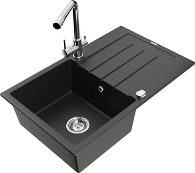 Mexen Bruno granieten spoelbak 1-kompartiment met afdruiprek en keukenmengkraan Duero, zwart/goud metallic - 6513-75-671600-00