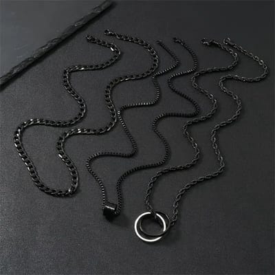Bovista Ketting - Heren - Staal - Nep zilver - Met Hanger - 3 Stuks - Zwart