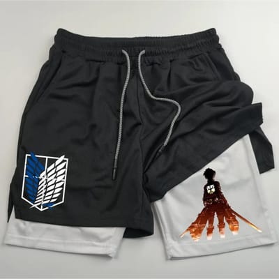 Anime Attack on Titan Print Heren Twee-in-Eén Dubbellaags Sport Fitness Casual Shorts L black