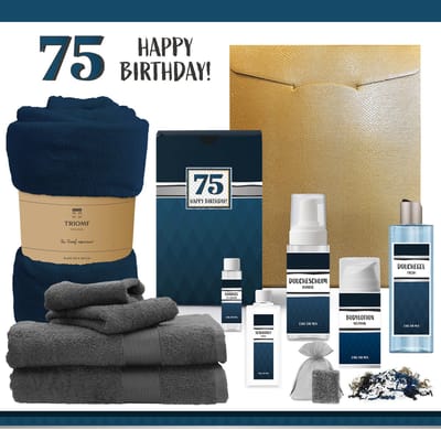 Geschenkset “75 Jaar Happy Birthday!” - 11 Producten - 2000 Gram | Giftset voor hem - Luxe wellness cadeaubox - Cadeau man Verjaardag - Veertig - Gefeliciteerd - Gift Seventy five years -Party - Cadeaupakket Deluxe - Vriend - Verjaardagscadeau -Blauw
