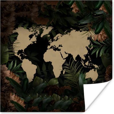 Poster 30x30 cm - Wereldkaart - Planten - Bloemen - Posters - Kamer decoratie - Wanddecoratie woonkamer - Muurdecoratie slaapkamer