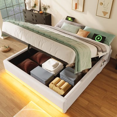 Sweiko Tweepersoonsbed - 140 x 200 cm - LED-verlichting - USB/Type-C - Zonder hoofdeinde - Beige