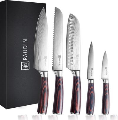 PAUDIN NS5 Professionele Messenset - 5-Delig - Japanse Messen - Koksmes - Broodmes - Santokumes - Officemes - Schilmes - Damascus Patroon