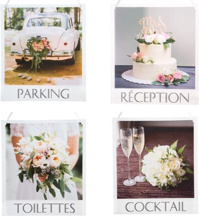 Set met 4 decoratie borden met de teksten Parking Reception Cocktail en Toilettes - trouwen - huwelijk - bruidspaar - trouwartikelen - feest - party