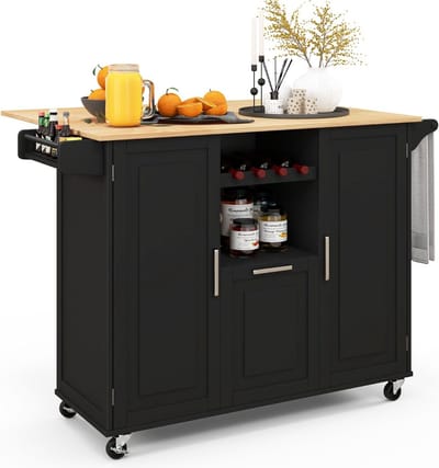 Keukeneiland - Verplaatsbaar - Keukenkast - Dressoir - Organizer - Kasten - Houten Werkblad - Lade - Zwart