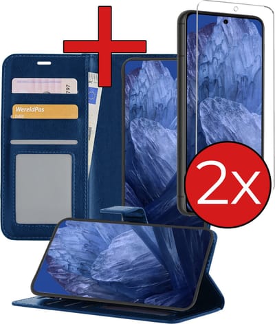 Hoesje - Met 2x Screenprotector - Geschikt voor Google Pixel 8a - Luxe Pasjeshouder - Flip Case - Bookcase Portemonee - Kunstleer Book Case - Flipcase Hoes - Book Cover - Walletcase - Portemonneehoes - Telefoonhoes - Donkerblauw