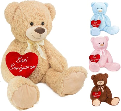 BRUBAKER XXL Teddybeer 100 cm - Zacht Speelgoed Knuffel - Beige Met hart "Seni Seviyorum" - Cadeau - Valentijn