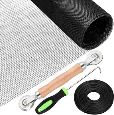 4-delige Schermreparatieset met Zwart Schermgaas, Dubbelzijdige Roller en Bevestigingshaken voor Deuren en Ramen