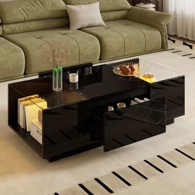 DESMIU Salontafel - Minimalistisch Design Met LED Verlichting En Opbergruimte - Voor Woonkamer En Sfeervolle Momenten - Spaanplaat En Glas - Zwart - 105 X 50 X 35 Cm