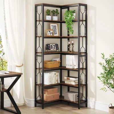 Questyr - Hoekplank - 7-laags Industriële - 7-laags Industriële - Houten En Metalen Etagere Boekenkast In De Hoek - Vrijstaande Displayplank