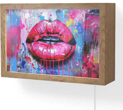 Wandlamp 30x20 cm - Oplaadbaar - Graffiti - Lippen - Felroze - Geschilderd - Wandlampen binnen woonkamer - Slaapkamer lamp met kabel - Decoratieve nachtlamp - Vloerlamp snoer