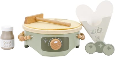 Label Label - Houten Crepe Maker - Olijfgroen - Inclusief Crepe, Toppings, Bakje & Beslagstrijker - Keukenspeelgoed voor Kinderen - Stimuleert Creatief Spelen - Geschikt voor Kindjes vanaf 18 Maanden
