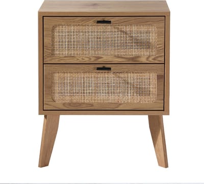 CALICOSY - Nachtkastje met 2 lades, rotan fronten en decoratieve houten poten L45 cm - ALIA