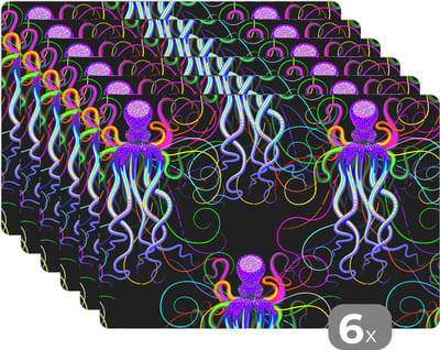 Placemat - Placemats kunststof - Octopus - Regenboog - Neon - Abstract - Patronen - 45x30 cm - 6 stuks - Hittebestendig - Anti-Slip - Onderlegger - Afneembaar