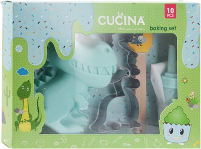 Bakset voor kinderen 10 delig - spuitzak met 5 opzetstukken - cakevorm - spatel en 2 koekjesvormpjes - Dinosaurus - Groen