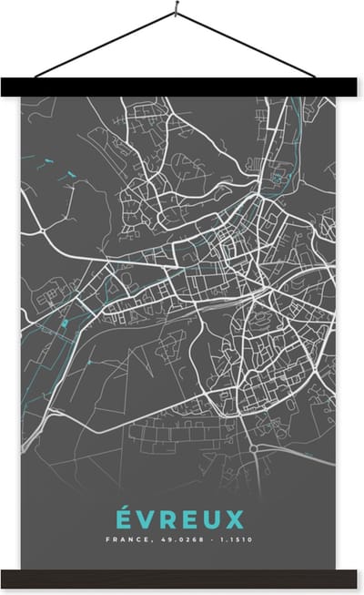 Posterhanger incl. Poster 40x60 cm - Schoolplaat - Évreux - Plattegrond - Kaart - Stadskaart - Frankrijk - Textielposter - Zwarte latten - Stadskaart