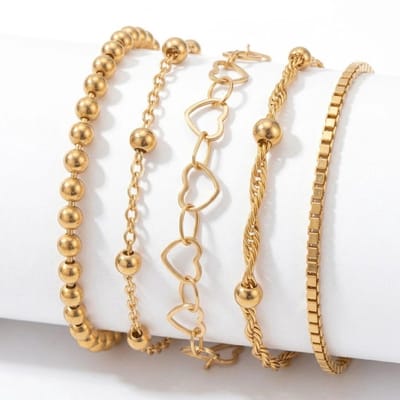 Set van 5 goudkleurige armbanden voor dames – fijne schakelarmbanden met hartjes, bolletjes en gedraaid design – minimalistische dames armbandenset