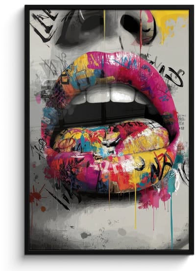 Poster in lijst - Fotolijst 80x120 cm - Posters - Lippen - Graffiti - Expressief - Posterlijst zwart - Decoratie - Wanddecoratie woonkamer - Muurdecoratie slaapkamer