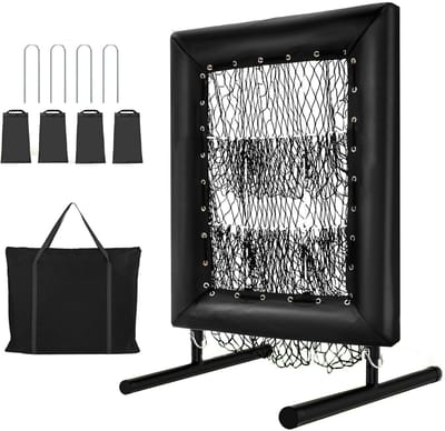 Honkbal stuiternet - Baseball Rebounder Net - 9-Hole Trainingsnet met Strike Zone – 5x Hoogteverstelbaar – Draagbaar met 4 U-Haringen & 4 Zandzakken – Voor Honkbal & Softbal