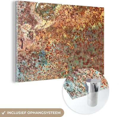 MuchoWow® Glasschilderij 120x80 cm - Schilderij acrylglas - Kleuren - Metaal - Roest - Structuur - Abstract - Foto op glas - Schilderijen