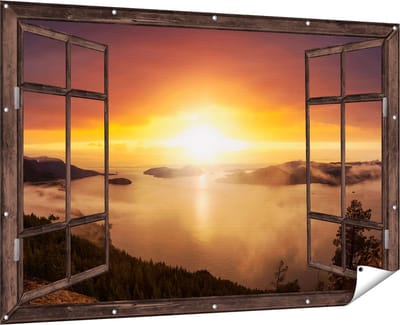 Gards Tuinposter Doorkijk Zonsondergang in de Bergen met Wolken - 180x120 cm - Tuindoek - Tuindecoratie - Wanddecoratie buiten - Tuinschilderij