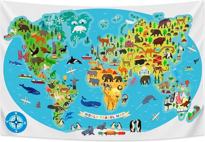 Wandkleed binnen - Wandtapijt - Wereldkaart - Dieren - Muurkleed - Wanddoek Stof - 200 x 150 cm - Wanddecoratie - Wandhanger - Muurhanger - Fotobehang - Poster - Ulticool - Decoratie - Kinderkamer - Klaslokaal