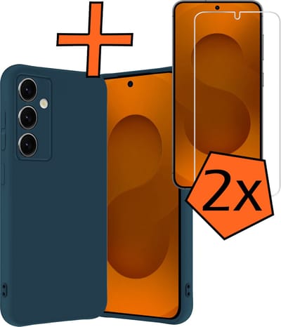 Hoes - Met 2x Screenprotector - Geschikt voor Samsung Galaxy S25 - Sterk & Shockproof - Back Cover - Siliconen Case - Telefoon Hoes - Donkerblauw