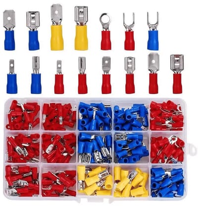 280-delige krimpconnectorset, elektrisch geïsoleerde krimpklemmen, ring-vork-spade-aansluiting - mannelijke en vrouwelijke spade-connectoren, messing, rood, blauw, geel