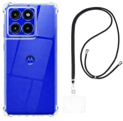 Set met hoesje en nekband voor Motorola Edge 60 / 60 Pro / 60s / 60 Fusion - Backcover Shockproof siliconen Transparant, verstelbare universele nekband voor mobiele telefoons, zwarte nekband, transparante draagriem van Phonillico®