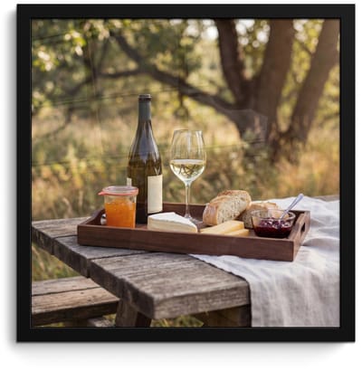 Poster in lijst - Fotolijst 40x40 cm - Posters - Picknick - Wijn - Kaasplankje - Posterlijst zwart - Decoratie - Wanddecoratie woonkamer - Muurdecoratie slaapkamer