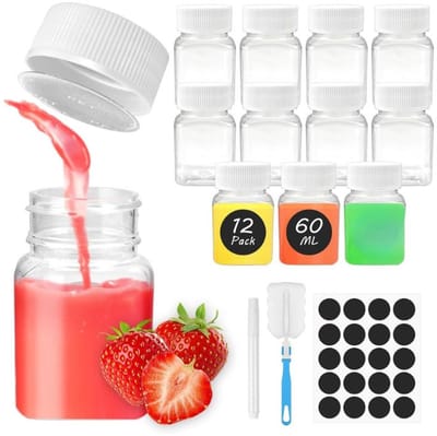 Famanu - 12 Stuks Kleine plastic shotflessen 60 ml met stickers en deksel, herbruikbare sap- en smoothieflessen – Transparant