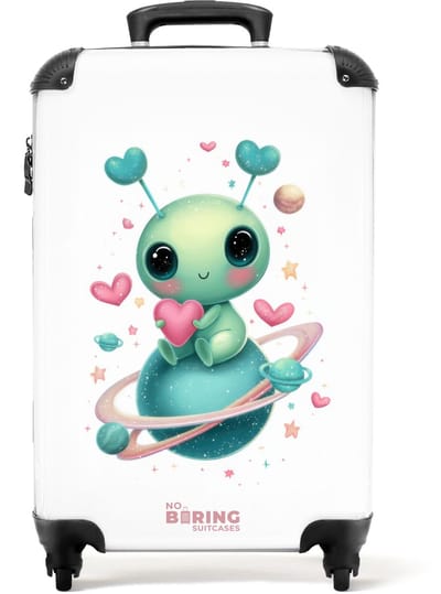 NoBoringSuitcases.com - Koffer - Alien die een hart vasthoud op een planeet - Past binnen 55x40x20 cm en 55x35x25 cm - Trolley handbagage - Valiezen met wieltjes volwassenen - Reiskoffer op wielen - Rolkoffer lichtgewicht