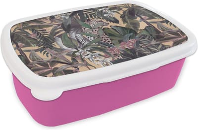 Broodtrommel Roze - Lunchbox - Brooddoos - Vintage - Jungle - Bladeren - Panter - Patronen - 18x12x6 cm - Kinderen - Meisje
